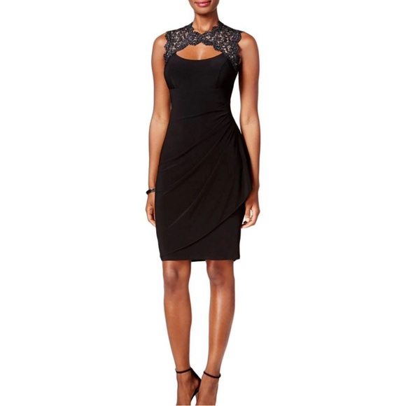 Xscape Dresses & Skirts - Xscape Black Crochet Back Ruche Draped Fitted Cocktail Dress